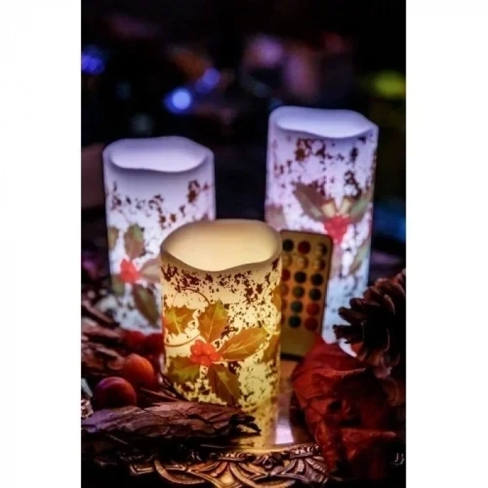 Yılbaşı Noel Temalı 3 lü Set Led Gerçek Mum Kumandalı 9 Renk Yanabilme ve Animasyonlu Büyük Boy