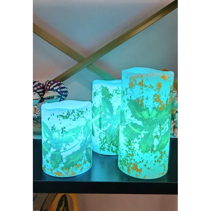 Yılbaşı Noel Temalı 3 lü Set Led Gerçek Mum Kumandalı 9 Renk Yanabilme  ve Animasyonlu Büyük Boy