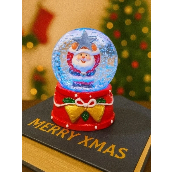Yılbaşı Temalı LED Işıklı Yıldız Tutan Noel Baba Kar Küresi 9 cm Orta Boy Yeni Yıl Süsü - 48
