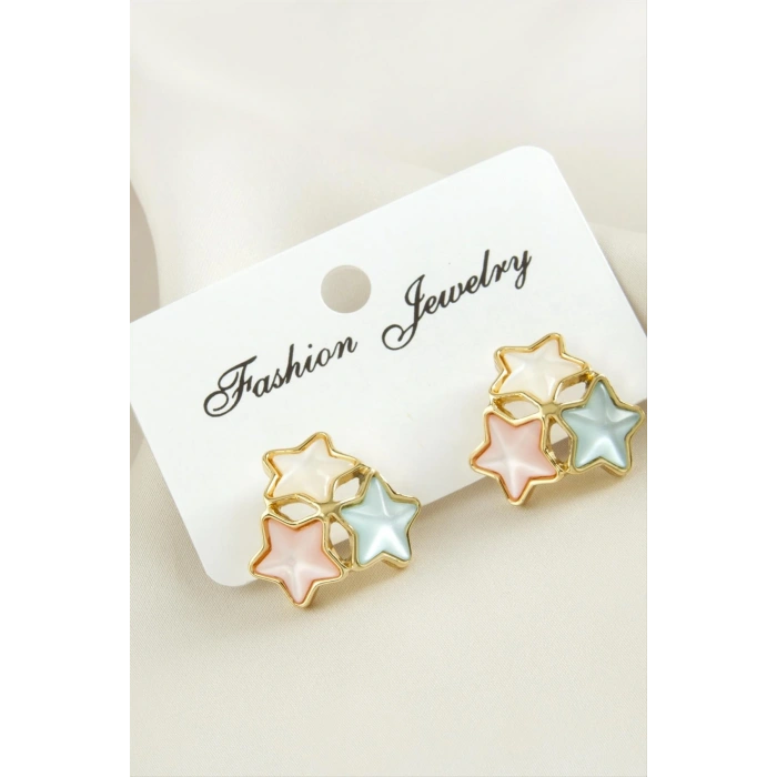 Yıldız Damla Sedef Taşlı Metal Küpe