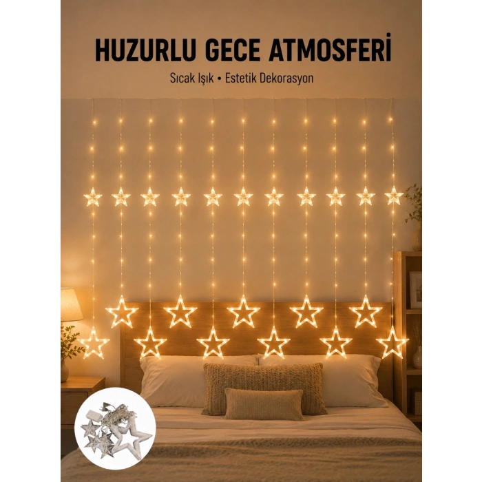 Yıldız Desenli Perde Tipi Peri Led 3x3 Metre Aydınlatma Yeni Nesil