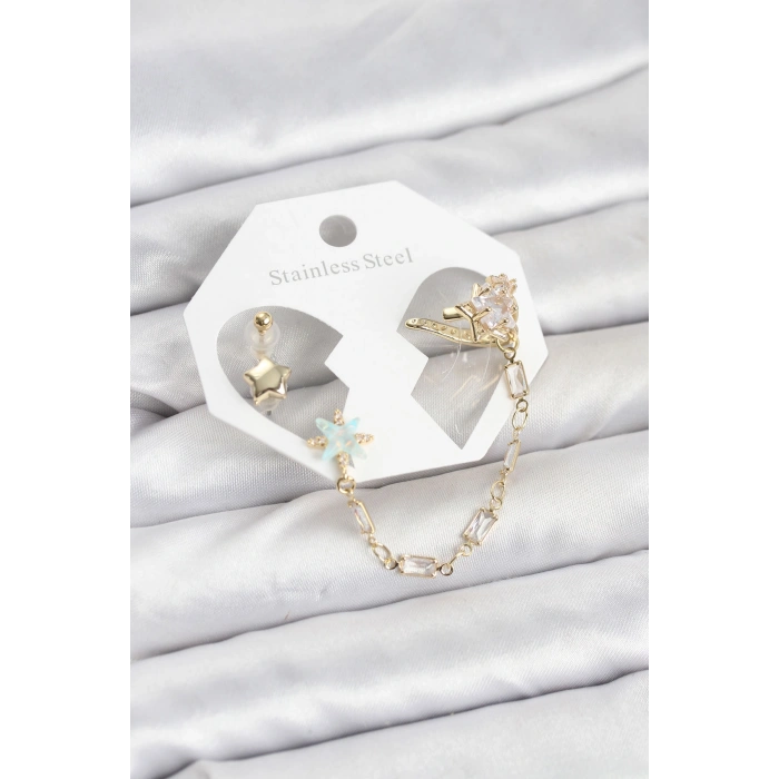 Yıldız Model Pirinç Gold Renk Zincir Bağlantılı Ear Cuff Küpe Seti - TJ-BKP11545