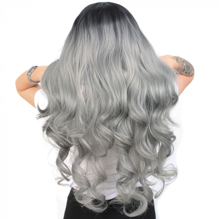 Yoğun Dalgalı Fiber Sentetik Uzun Perçemsiz Peruk - Siyah / Gri Ombreli