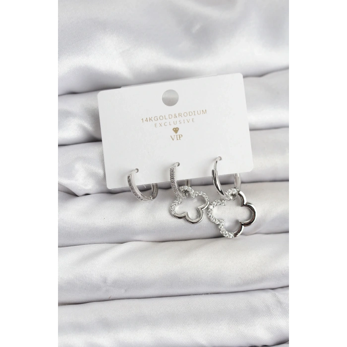 Yonca Model Gümüş Renk Pirinç 3lü Kadın Küpe Seti - TJ-BKP11452