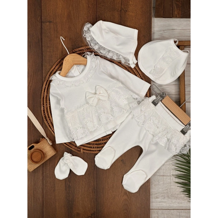 Yüksek Kalite Pamuk Fiyonklu Kız Bebek 5li Hastane Çıkış Seti