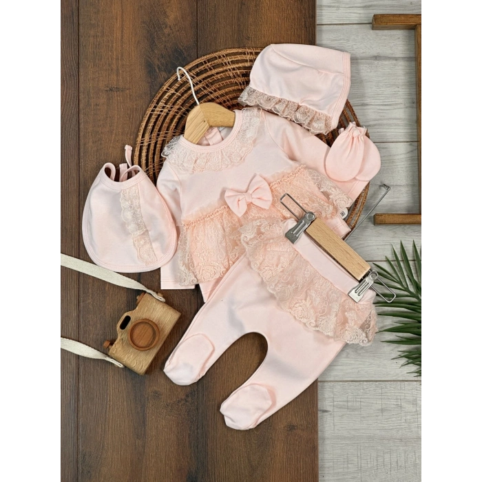Yüksek Kalite Pamuk Fiyonklu Kız Bebek 5li Hastane Çıkış Seti