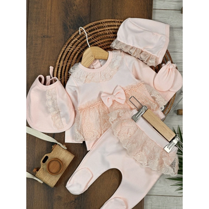 Yüksek Kalite Pamuk Fiyonklu Kız Bebek 5li Hastane Çıkış Seti