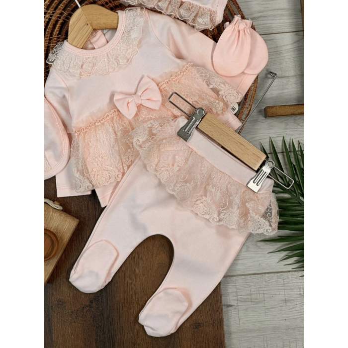 Yüksek Kalite Pamuk Fiyonklu Kız Bebek 5li Hastane Çıkış Seti