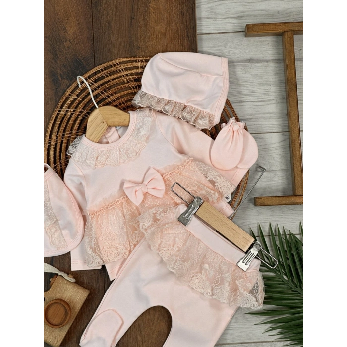 Yüksek Kalite Pamuk Fiyonklu Kız Bebek 5li Hastane Çıkış Seti