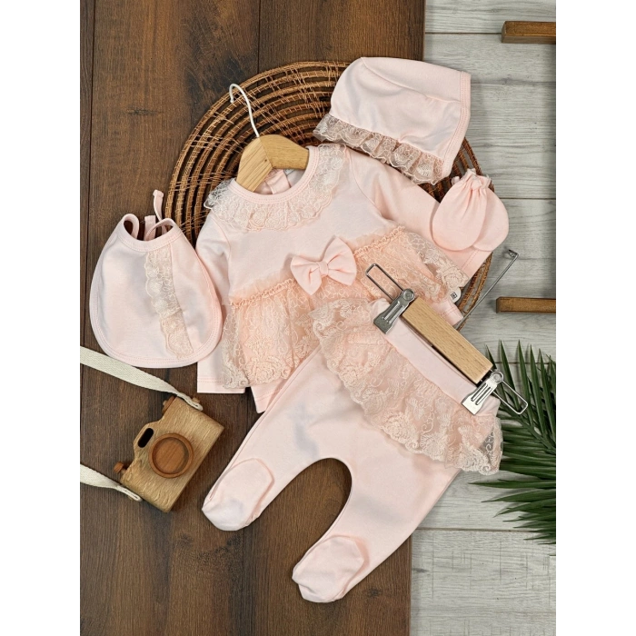 Yüksek Kalite Pamuk Fiyonklu Kız Bebek 5li Hastane Çıkış Seti