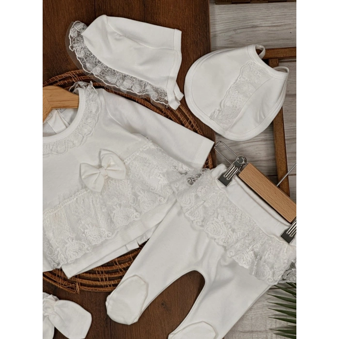 Yüksek Kalite Pamuk Fiyonklu Kız Bebek 5li Hastane Çıkış Seti