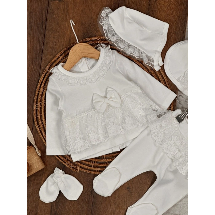 Yüksek Kalite Pamuk Fiyonklu Kız Bebek 5li Hastane Çıkış Seti