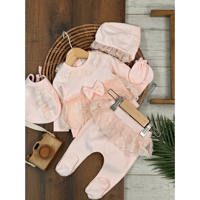 Yüksek Kalite Pamuk Fiyonklu Kız Bebek 5li Hastane Çıkış Seti
