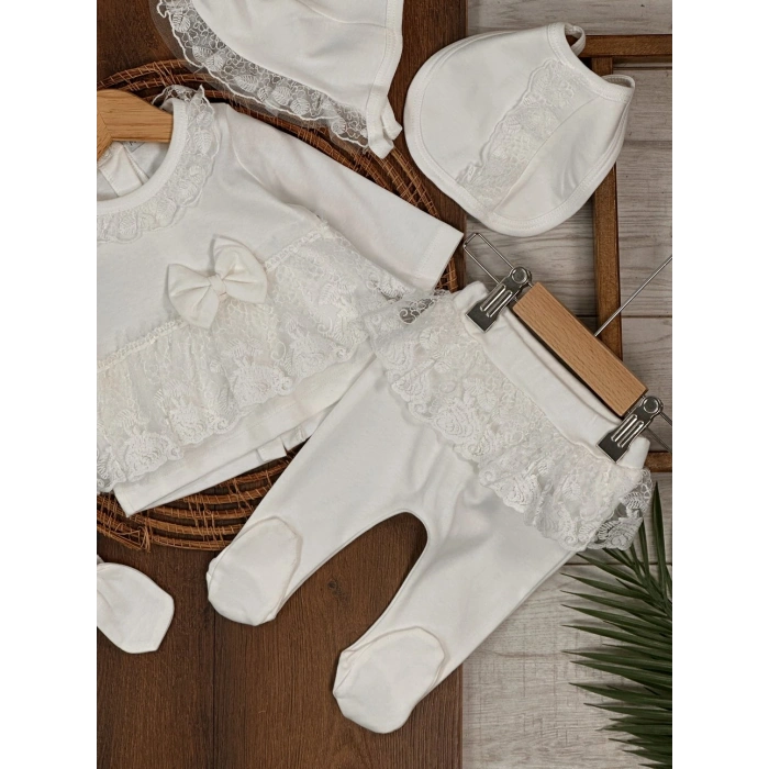 Yüksek Kalite Pamuk Fiyonklu Kız Bebek 5li Hastane Çıkış Seti