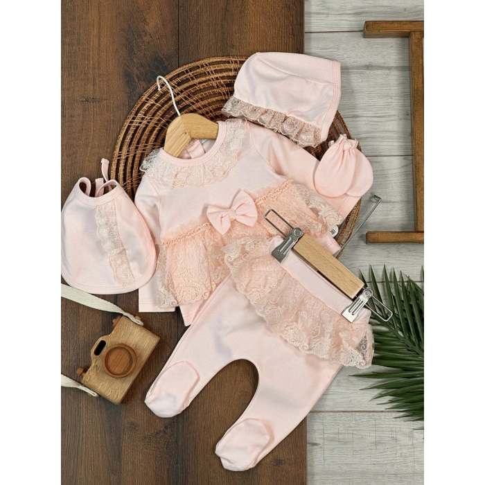 Yüksek Kalite Pamuk Fiyonklu Kız Bebek 5li Hastane Çıkış Seti