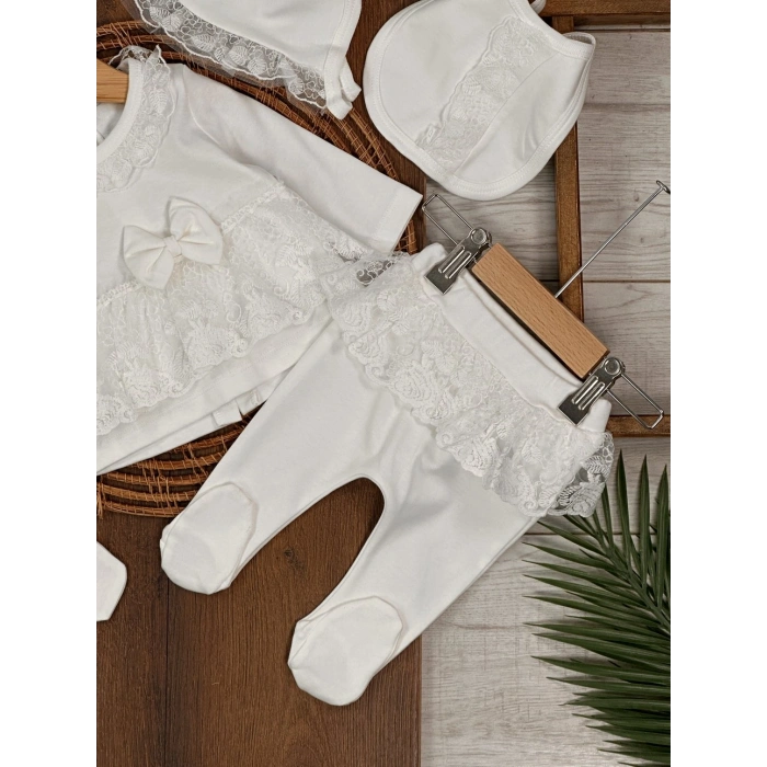 Yüksek Kalite Pamuk Fiyonklu Kız Bebek 5li Hastane Çıkış Seti