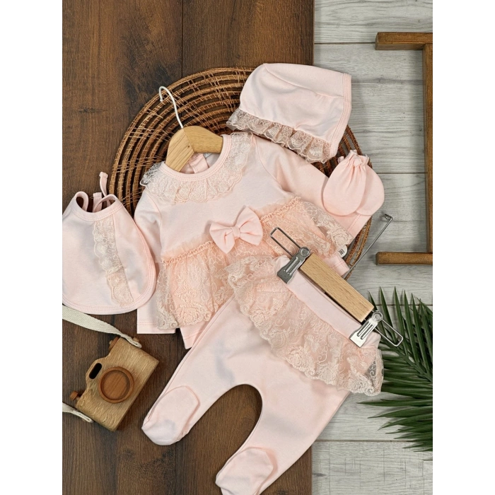 Yüksek Kalite Pamuk Fiyonklu Kız Bebek 5li Hastane Çıkış Seti