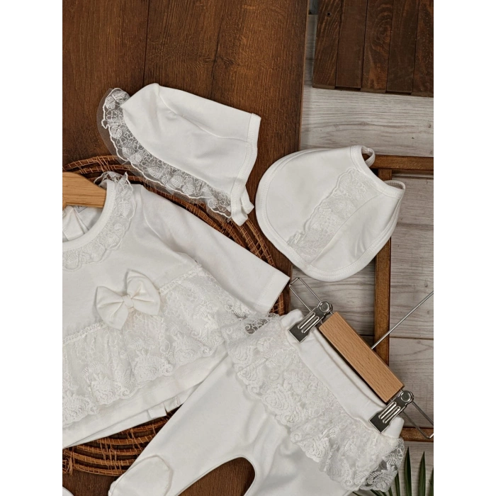 Yüksek Kalite Pamuk Fiyonklu Kız Bebek 5li Hastane Çıkış Seti