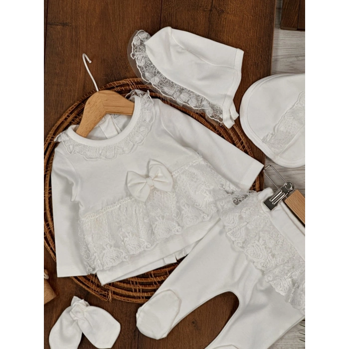 Yüksek Kalite Pamuk Fiyonklu Kız Bebek 5li Hastane Çıkış Seti