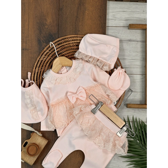 Yüksek Kalite Pamuk Fiyonklu Kız Bebek 5li Hastane Çıkış Seti