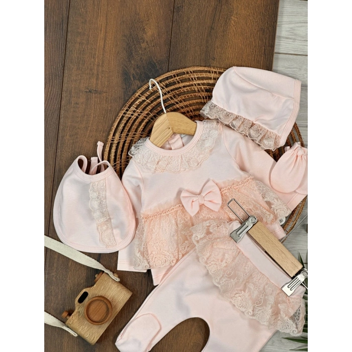 Yüksek Kalite Pamuk Fiyonklu Kız Bebek 5li Hastane Çıkış Seti