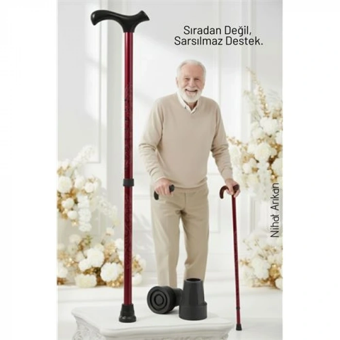Yükseklik Ayarlanabilir BORDO Metal Baston - 7 Kademe Ayarlı Ergonomik Denge Desteği + 2 Yedek Uç 717094