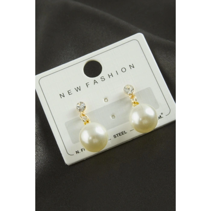 Yuvarlak İnci Taşlı Küpe