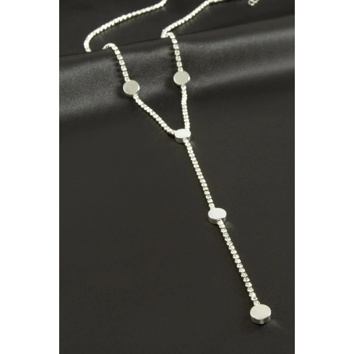 Yuvarlak Şerit Taşlı Çelik Y Kolye