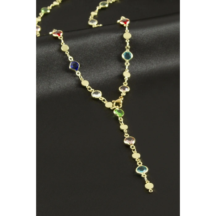 Yuvarlak Zirkon Taşlı Çelik Y Kolye