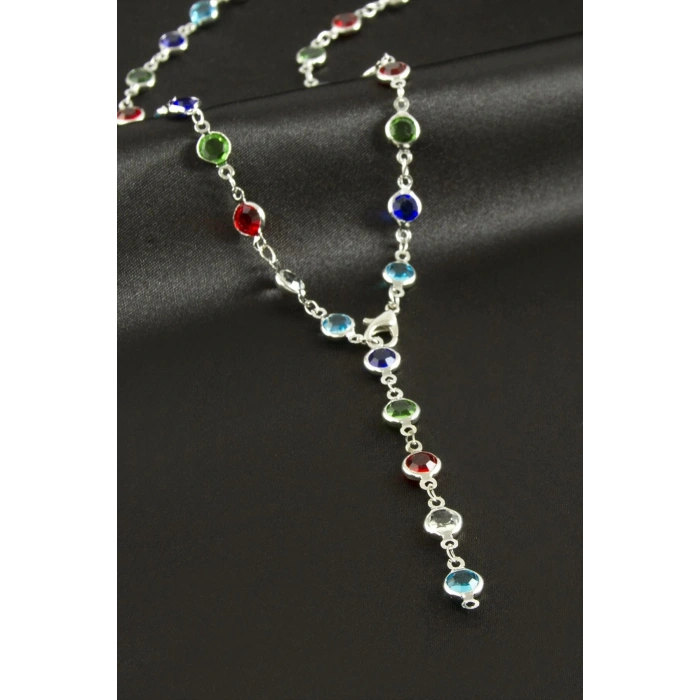 Yuvarlak Zirkon Taşlı Çelik Y Kolye