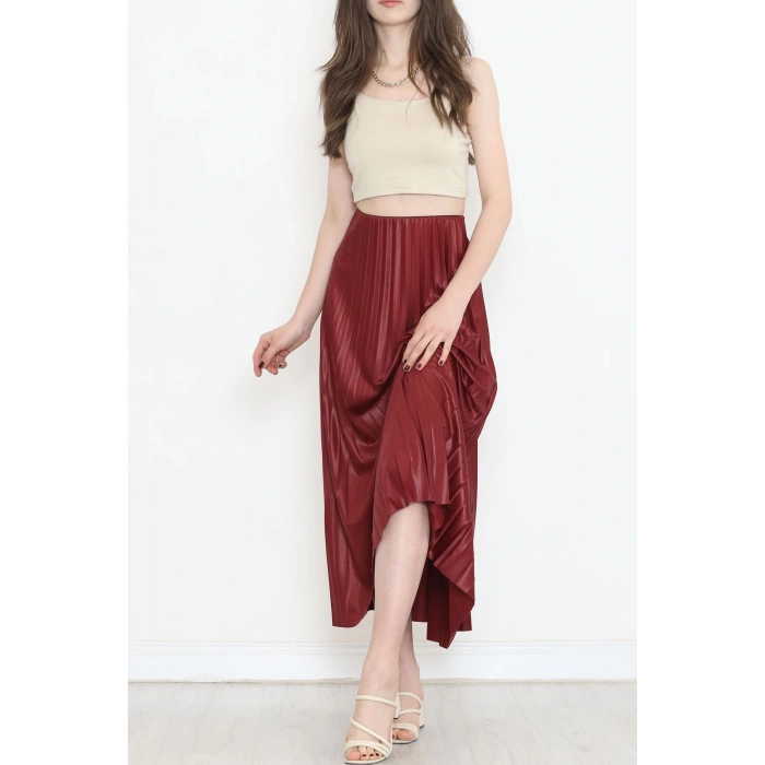 Zarif Ve Modern Pileli Parlak Krep Gizli Lastikli Bordo Etek