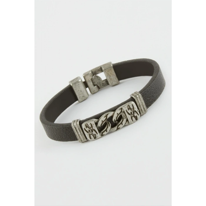 Zincir Desenli Suni Deri Bileklik