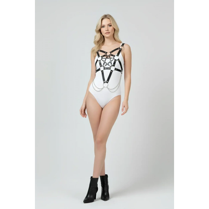 Zincir Detaylı Şık Deri Göğüs Harness, Büstiyer Harness, Deri Göğüs Harness- Brf1399