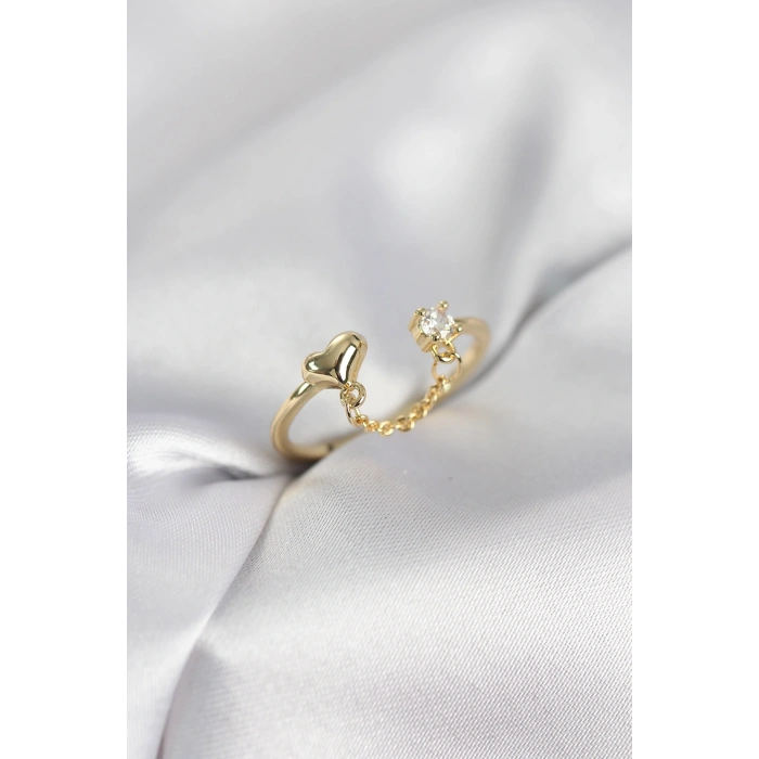 Zincir Sallantılı Kalp Model Gold Renk Kadın Yüzük - TJ-BYK4143