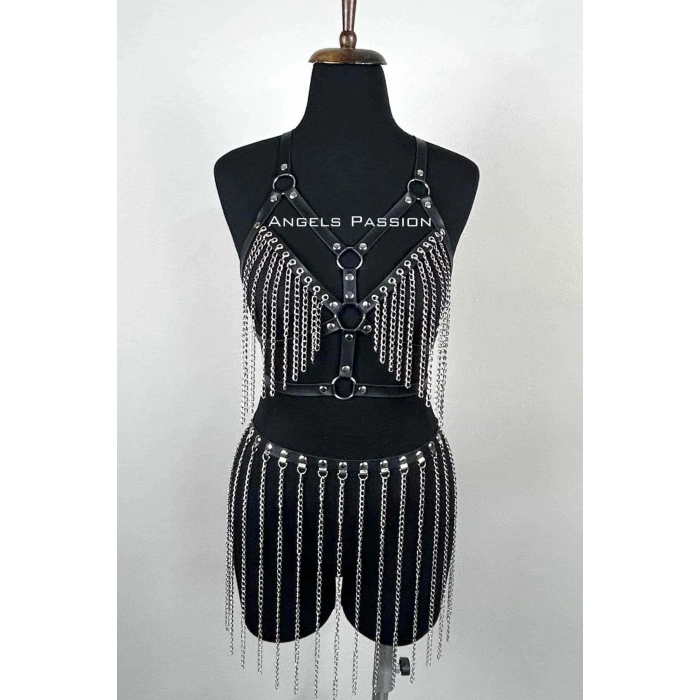 Zincirli Harness Takım, Deri Zincirli Etek Takım - Brf496