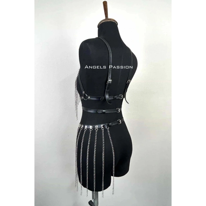 Zincirli Harness Takım, Deri Zincirli Etek Takım - Brf496