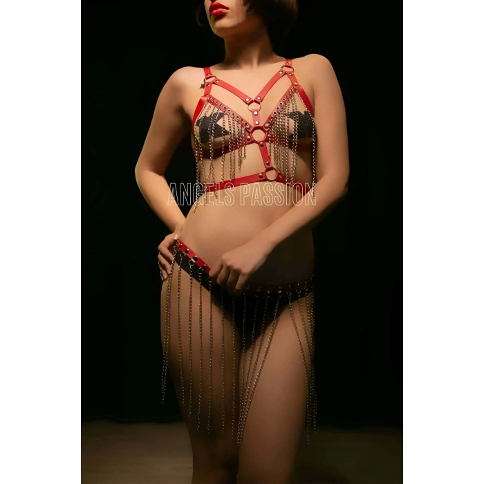 Zincirli Seksi Kırmızı Fantezi Deri Takım - Brf496