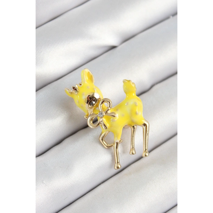 Zirkon Taşlı Fiyonk Detaylı 3D Sarı Ceylan Figürlü Gold Renk Kadın Broş - TJ-BR445