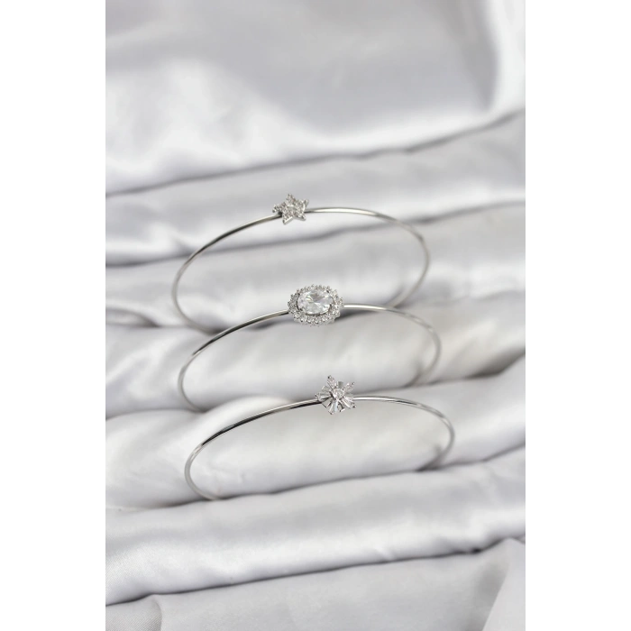 Zirkon Taşlı Gümüş Renk Tek Taş Model 3lü Kadın Bileklik Kombini - TJ-BB8350