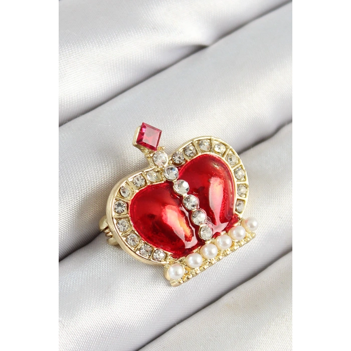 Zirkon Taşlı İnci Detaylı Kırmızı 3D Kraliçe Taç Figürlü Gold Renk Kadın Broş - TJ-BR441