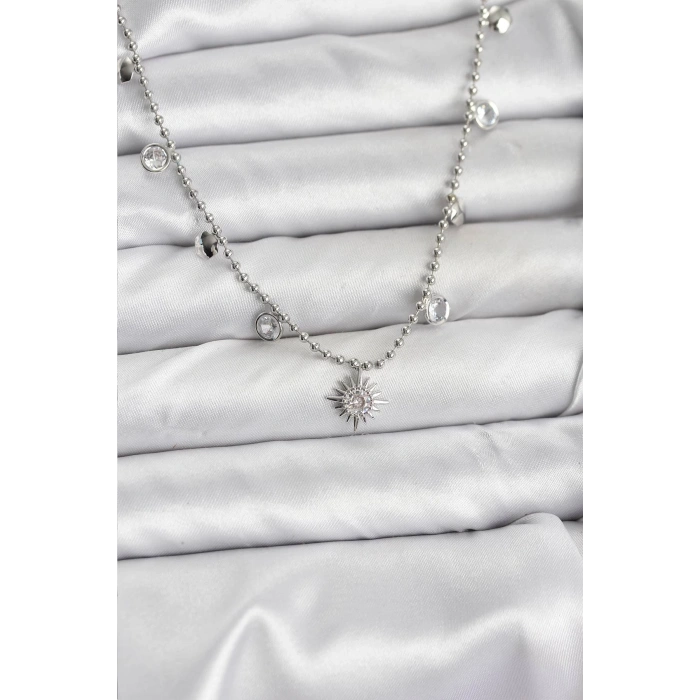 Zirkon Taşlı Kutup Yıldızı Model Pirinç Gümüş Renk Kadın Kolye - TJ-BKO10658