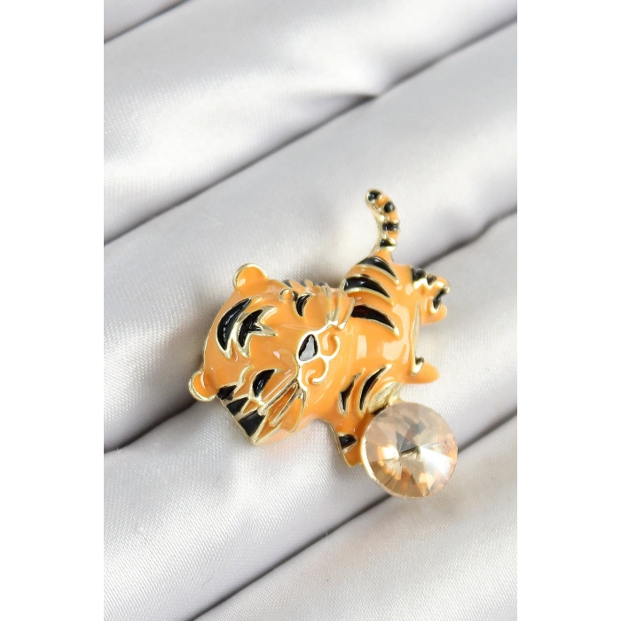 Zirkon Taşlı Siyah Çizgili Turuncu Kaplan Figürlü Gold Renk Kadın Broş - TJ-BR455