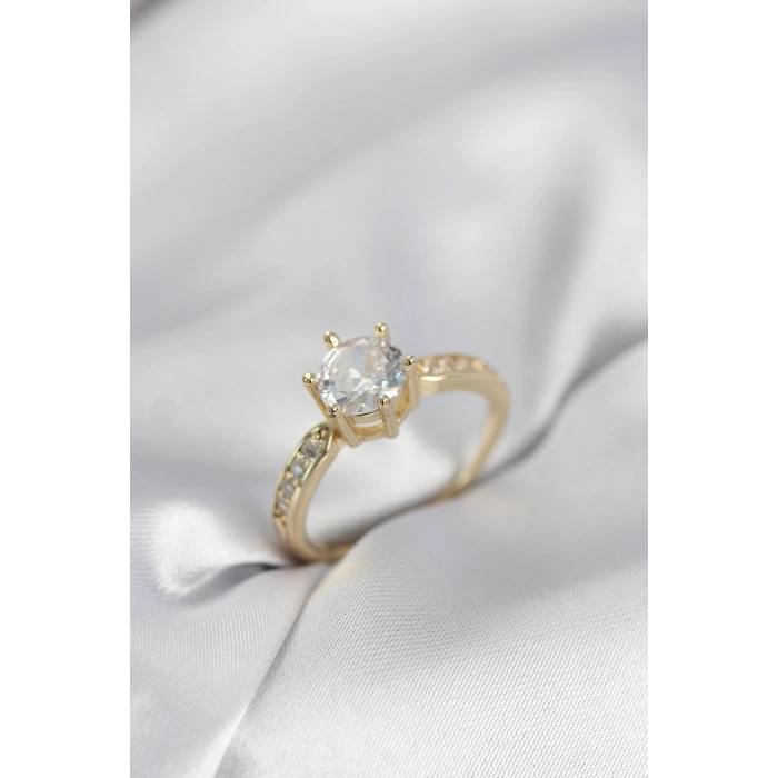Zirkon Taşlı Tek Taş Model Gold Renk Kadın Yüzük - TJ-BYK4022