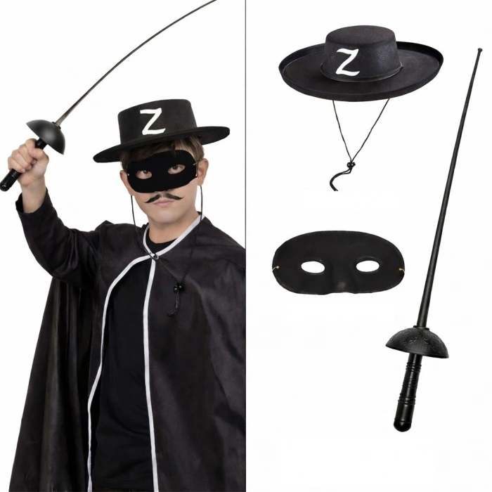 Zorro Kostüm Seti 3’lü Çocuk – Şapka, Maske ve Kılıç