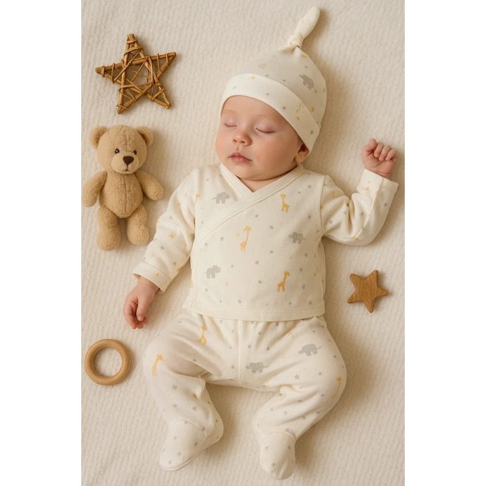 Zürafa Desenli 3 Parça Erkek Bebek Hastane Çıkışı % 100 Pamuk