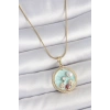 316L Çelik Gold Renk Zincir Mavi Mineli İnci Çiçek İşlemeli Zirkon Taş Detaylı Madalyon Model Kadın Kolye - TJ-BKO10174