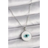 316L Çelik Gümüş Renk Zincir Beyaz Mineli Turkuaz Göz İşleme Model Kadın Kolye - TJ-BKO9729