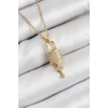 316L Çelik Zirkon Taşlı Kilit Ve Sallantılı Anahtar Model Gold Renk Kadın Kolye - TJ-BKO10353