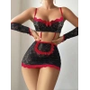 5 parça Kırmızı Siyah Dantel Çiçek Desen Hizmetçi Model Özel Fantazi Tanga Hediyeli 3815