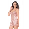MARSİLYAN-Koyu Pudra Saten Babydoll Şort Takımı